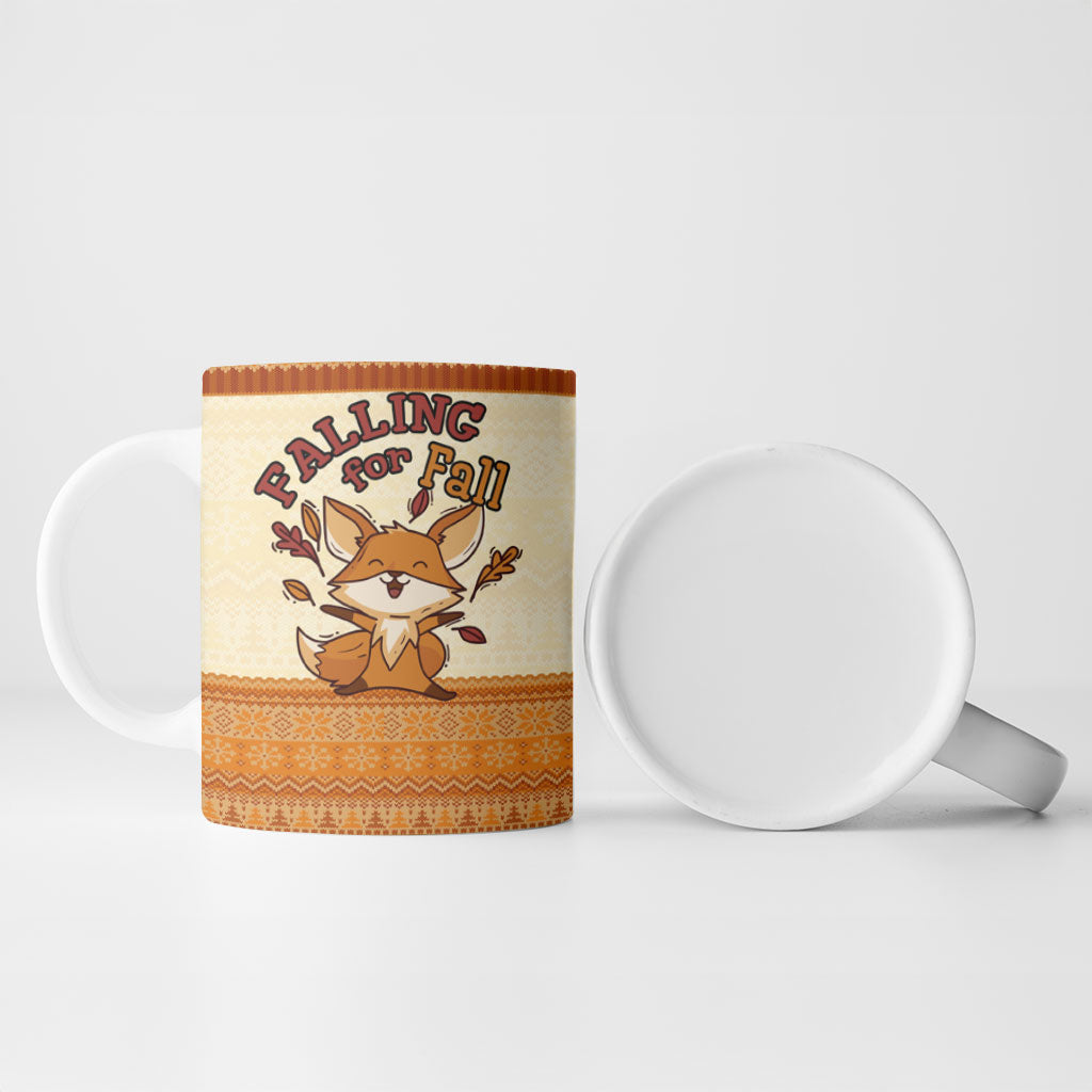 Cute Fox Falling For Fall Autumn Ceramic Mug Orange Beige Knitted Pattern Cute Fox Autumn Leaf