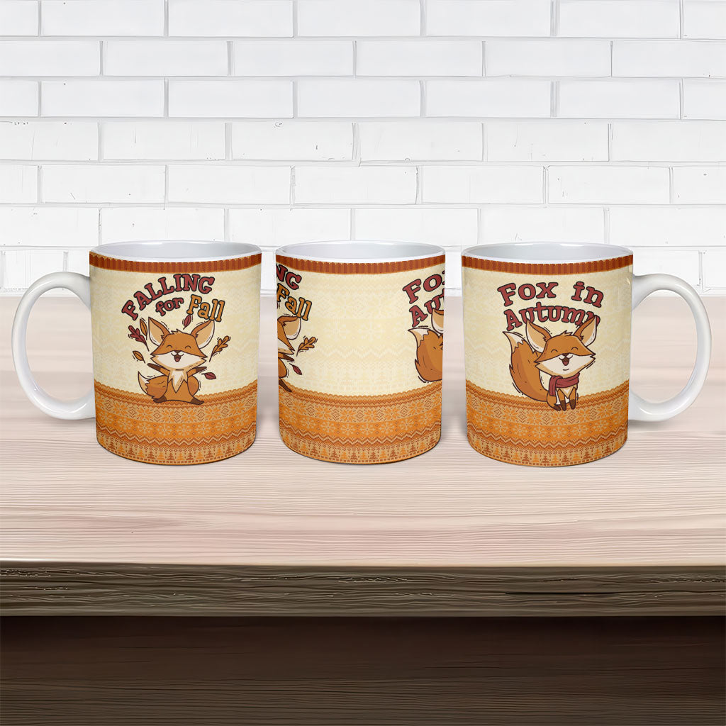 Cute Fox Falling For Fall Autumn Ceramic Mug Orange Beige Knitted Pattern Cute Fox Autumn Leaf