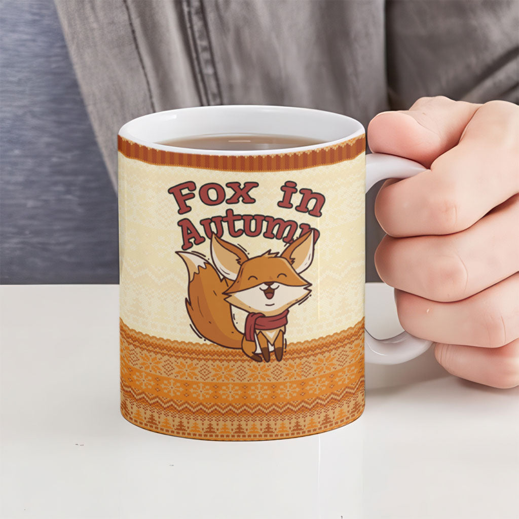 Cute Fox Falling For Fall Autumn Ceramic Mug Orange Beige Knitted Pattern Cute Fox Autumn Leaf