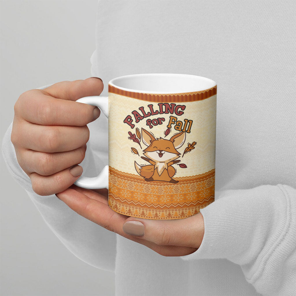 Cute Fox Falling For Fall Autumn Ceramic Mug Orange Beige Knitted Pattern Cute Fox Autumn Leaf