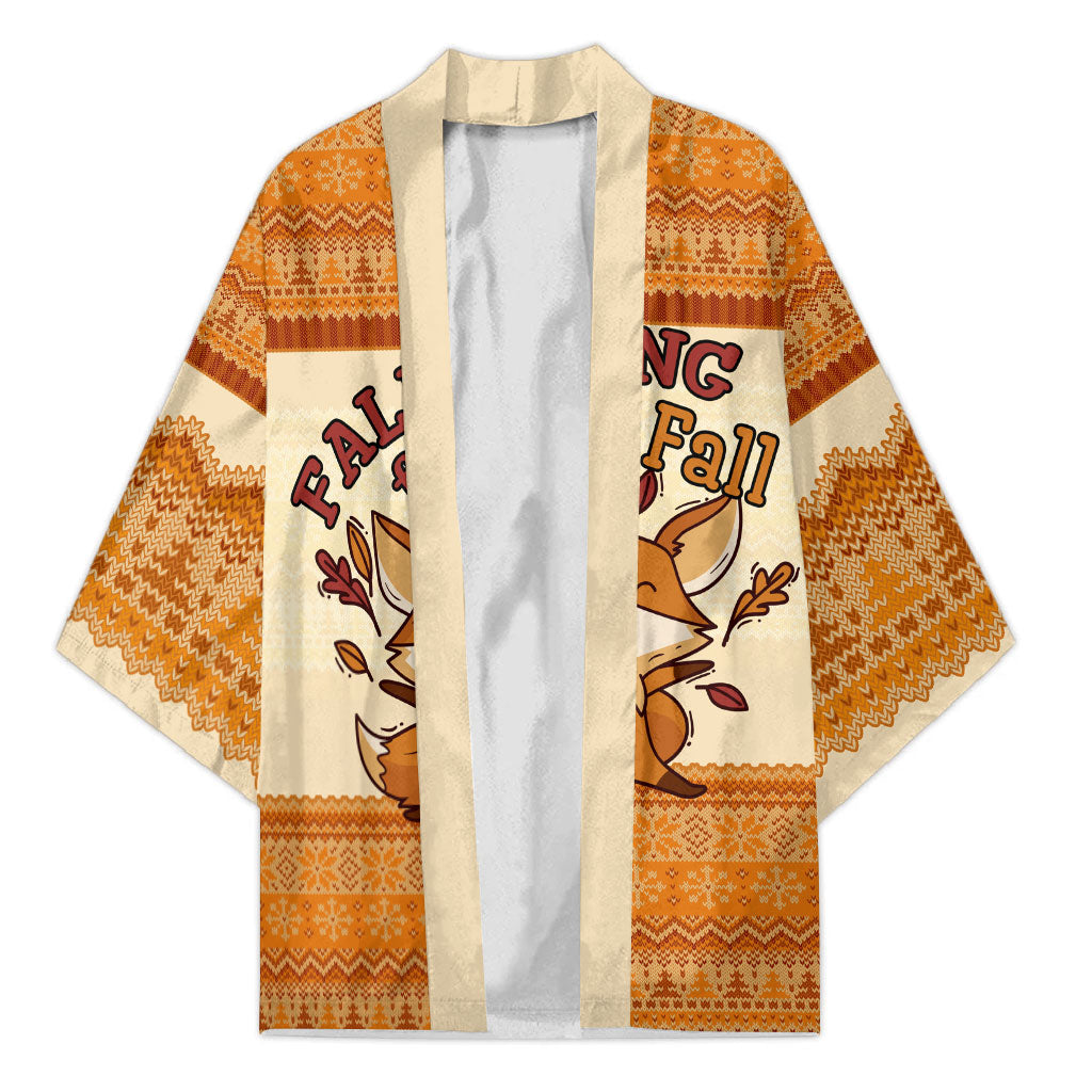Cute Fox Falling For Fall Autumn Kimono Orange Beige Knitted Pattern Cute Fox Autumn Leaf