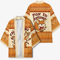Cute Fox Falling For Fall Autumn Kimono Orange Beige Knitted Pattern Cute Fox Autumn Leaf