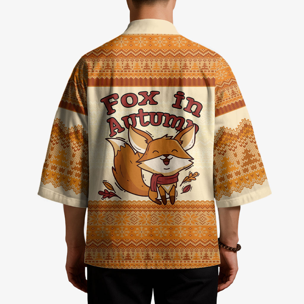 Cute Fox Falling For Fall Autumn Kimono Orange Beige Knitted Pattern Cute Fox Autumn Leaf