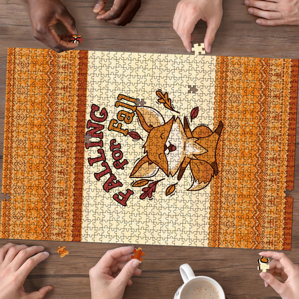Cute Fox Falling For Fall Autumn Puzzle Orange Beige Knitted Pattern Cute Fox Autumn Leaf