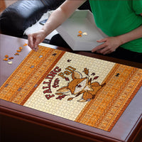 Cute Fox Falling For Fall Autumn Puzzle Orange Beige Knitted Pattern Cute Fox Autumn Leaf