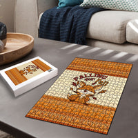 Cute Fox Falling For Fall Autumn Puzzle Orange Beige Knitted Pattern Cute Fox Autumn Leaf