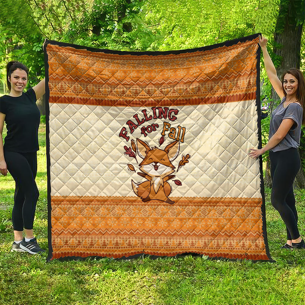 Cute Fox Falling For Fall Autumn Quilt Orange Beige Knitted Pattern Cute Fox Autumn Leaf