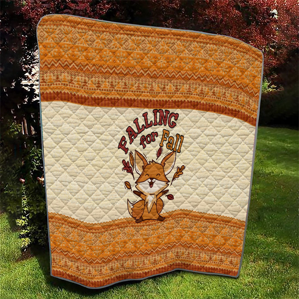 Cute Fox Falling For Fall Autumn Quilt Orange Beige Knitted Pattern Cute Fox Autumn Leaf