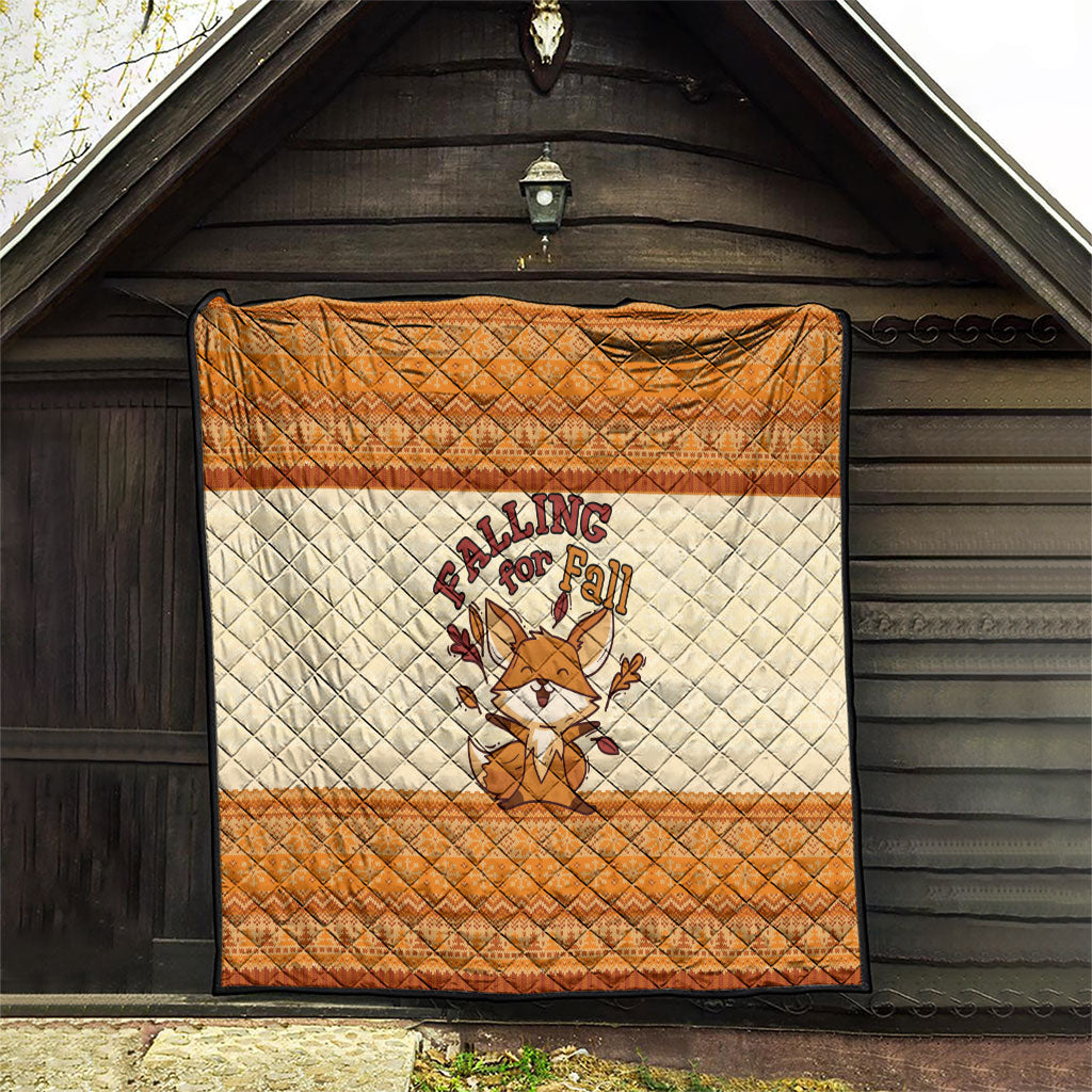 Cute Fox Falling For Fall Autumn Quilt Orange Beige Knitted Pattern Cute Fox Autumn Leaf
