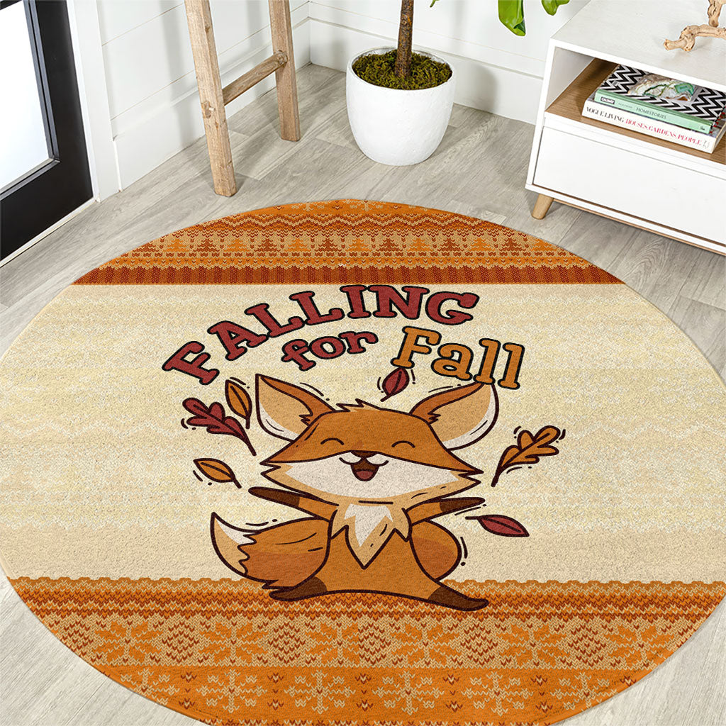 Cute Fox Falling For Fall Autumn Round Carpet Orange Beige Knitted Pattern Cute Fox Autumn Leaf