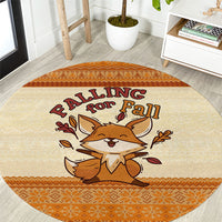 Cute Fox Falling For Fall Autumn Round Carpet Orange Beige Knitted Pattern Cute Fox Autumn Leaf