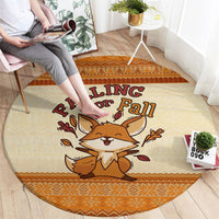 Cute Fox Falling For Fall Autumn Round Carpet Orange Beige Knitted Pattern Cute Fox Autumn Leaf