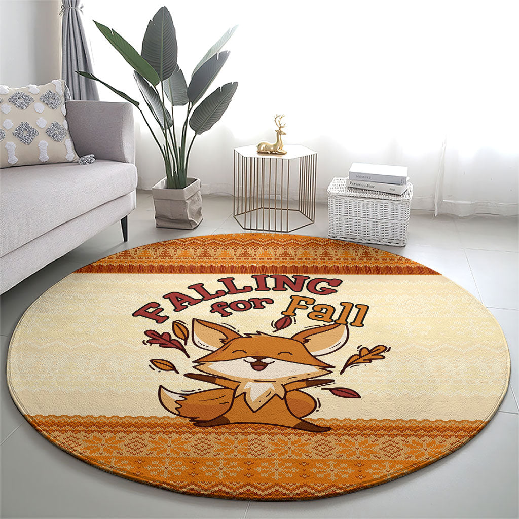 Cute Fox Falling For Fall Autumn Round Carpet Orange Beige Knitted Pattern Cute Fox Autumn Leaf