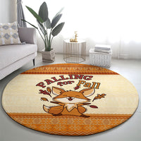 Cute Fox Falling For Fall Autumn Round Carpet Orange Beige Knitted Pattern Cute Fox Autumn Leaf