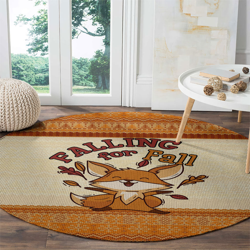 Cute Fox Falling For Fall Autumn Round Carpet Orange Beige Knitted Pattern Cute Fox Autumn Leaf
