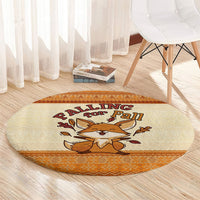 Cute Fox Falling For Fall Autumn Round Carpet Orange Beige Knitted Pattern Cute Fox Autumn Leaf
