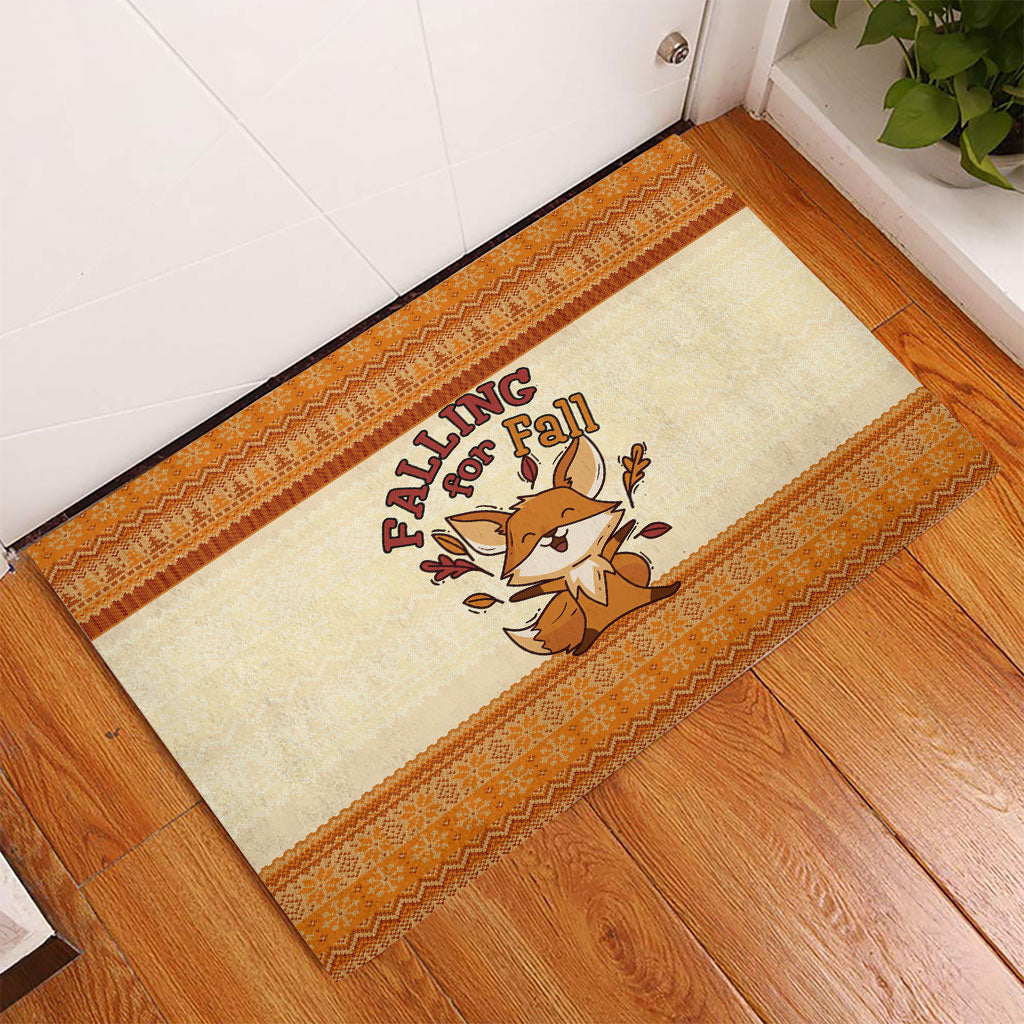 Cute Fox Falling For Fall Autumn Rubber Doormat Orange Beige Knitted Pattern Cute Fox Autumn Leaf