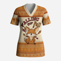 Cute Fox Falling For Fall Autumn Scrub Top Orange Beige Knitted Pattern Cute Fox Autumn Leaf
