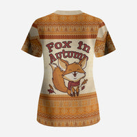 Cute Fox Falling For Fall Autumn Scrub Top Orange Beige Knitted Pattern Cute Fox Autumn Leaf