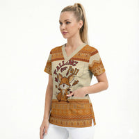 Cute Fox Falling For Fall Autumn Scrub Top Orange Beige Knitted Pattern Cute Fox Autumn Leaf