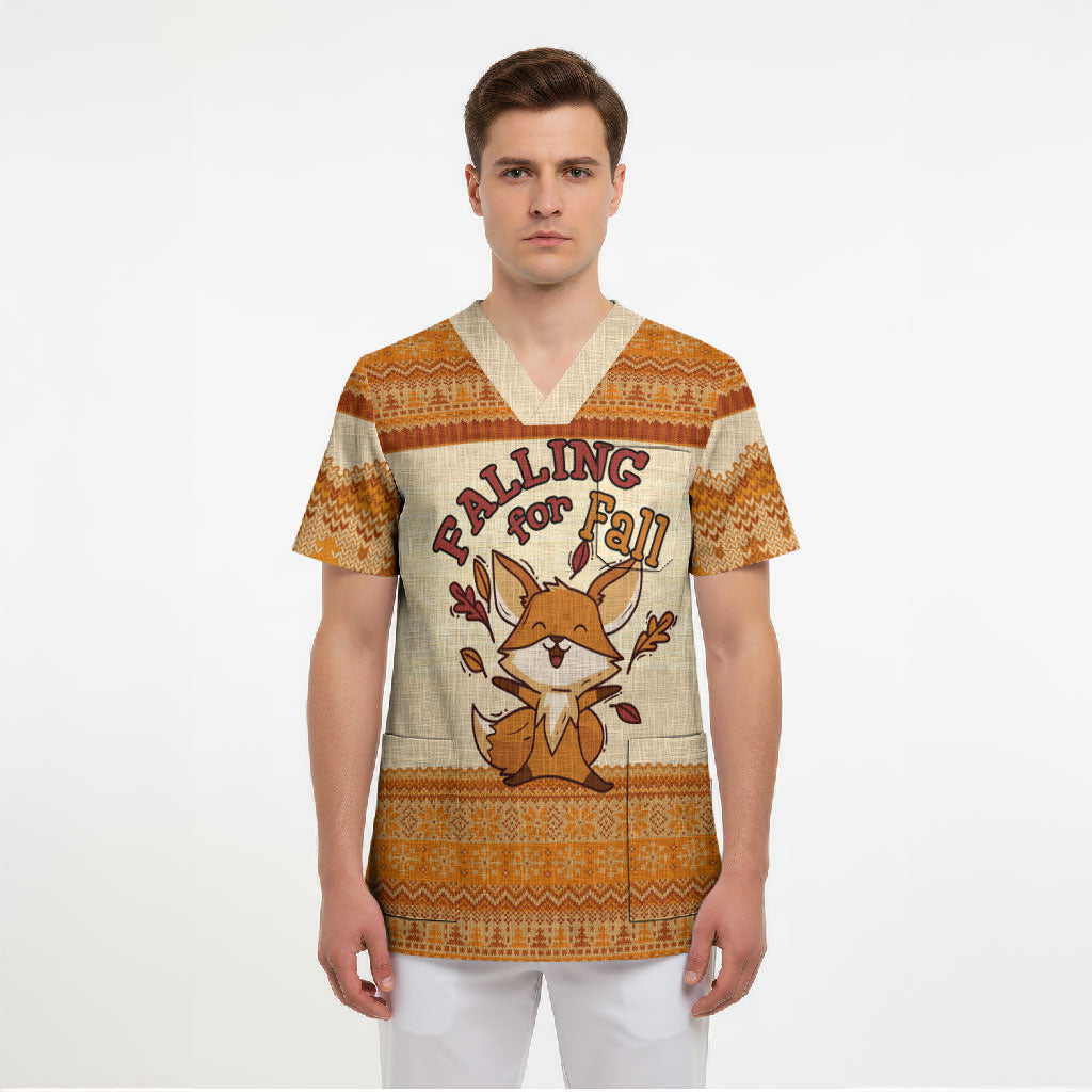 Cute Fox Falling For Fall Autumn Scrub Top Orange Beige Knitted Pattern Cute Fox Autumn Leaf