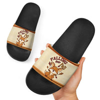 Cute Fox Falling For Fall Autumn Slide Sandals Orange Beige Knitted Pattern Cute Fox Autumn Leaf