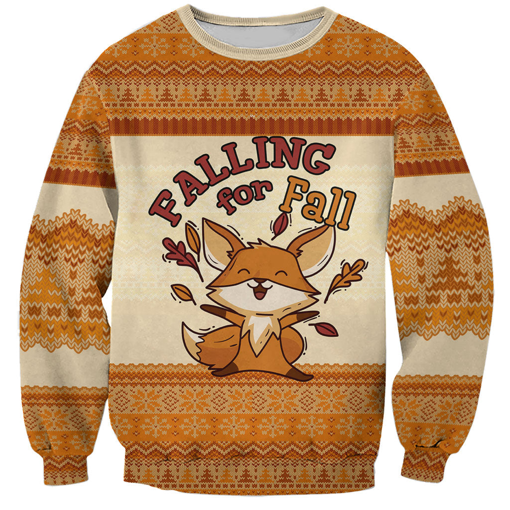 Cute Fox Falling For Fall Autumn Sweatshirt Orange Beige Knitted Pattern Cute Fox Autumn Leaf