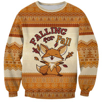Cute Fox Falling For Fall Autumn Sweatshirt Orange Beige Knitted Pattern Cute Fox Autumn Leaf