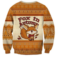 Cute Fox Falling For Fall Autumn Sweatshirt Orange Beige Knitted Pattern Cute Fox Autumn Leaf