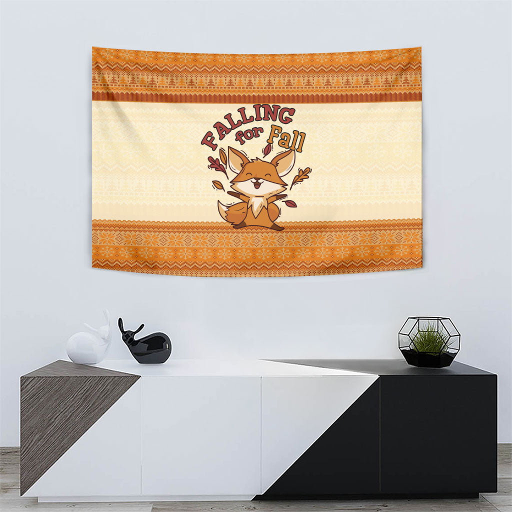 Cute Fox Falling For Fall Autumn Tapestry Orange Beige Knitted Pattern Cute Fox Autumn Leaf