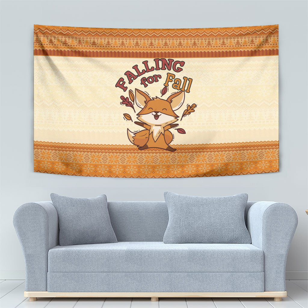 Cute Fox Falling For Fall Autumn Tapestry Orange Beige Knitted Pattern Cute Fox Autumn Leaf