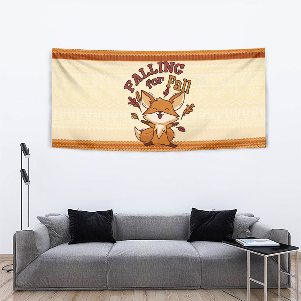 Cute Fox Falling For Fall Autumn Tapestry Orange Beige Knitted Pattern Cute Fox Autumn Leaf