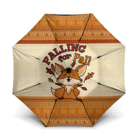 Cute Fox Falling For Fall Autumn Umbrella Orange Beige Knitted Pattern Cute Fox Autumn Leaf