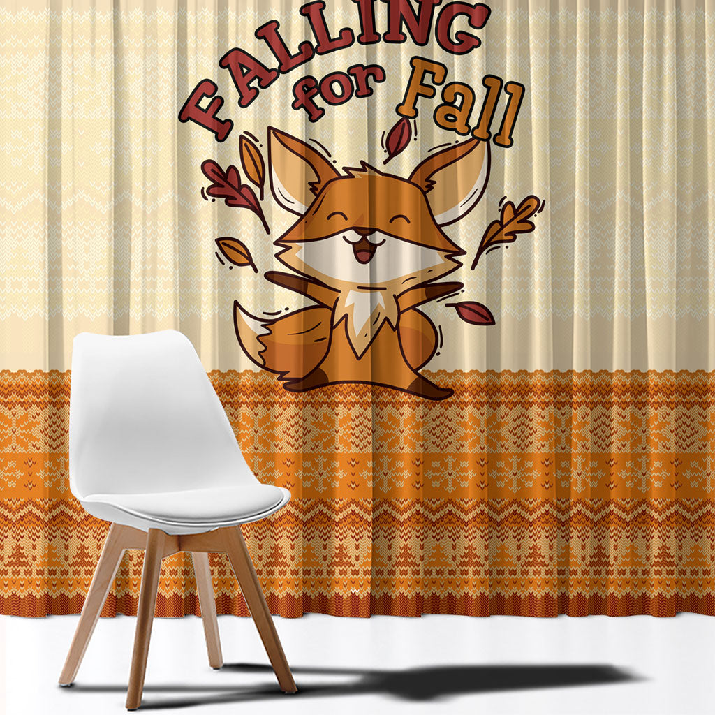 Cute Fox Falling For Fall Autumn Window Curtain Orange Beige Knitted Pattern Cute Fox Autumn Leaf