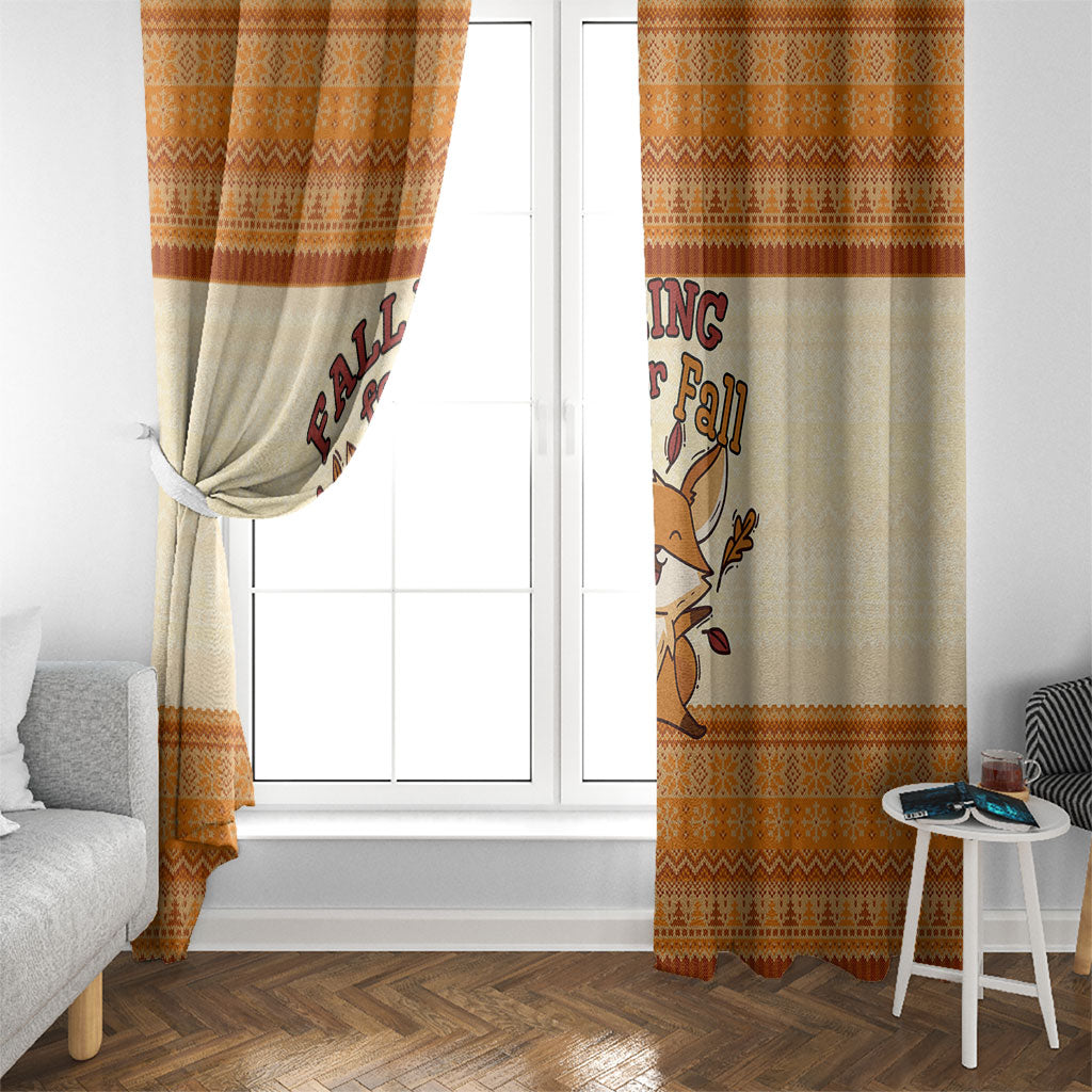 Cute Fox Falling For Fall Autumn Window Curtain Orange Beige Knitted Pattern Cute Fox Autumn Leaf