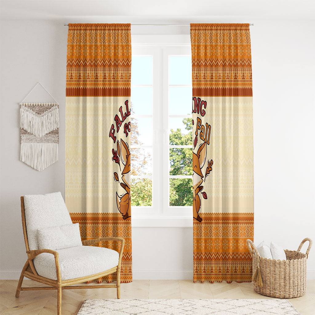 Cute Fox Falling For Fall Autumn Window Curtain Orange Beige Knitted Pattern Cute Fox Autumn Leaf