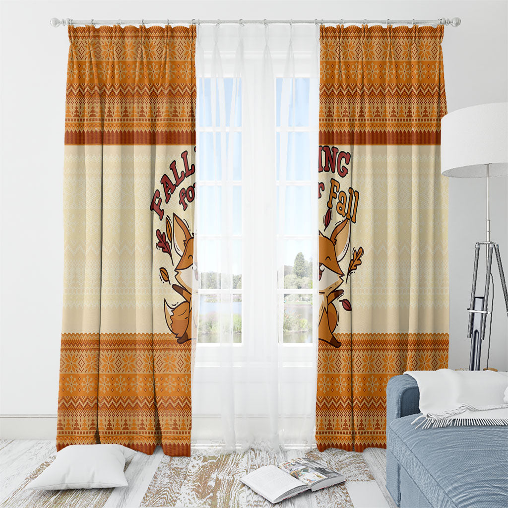 Cute Fox Falling For Fall Autumn Window Curtain Orange Beige Knitted Pattern Cute Fox Autumn Leaf