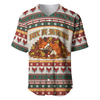 Cute Sleeping Fox Happy Fall Baseball Jersey Festive Red Green Knitted Pattern Sleeping Fox