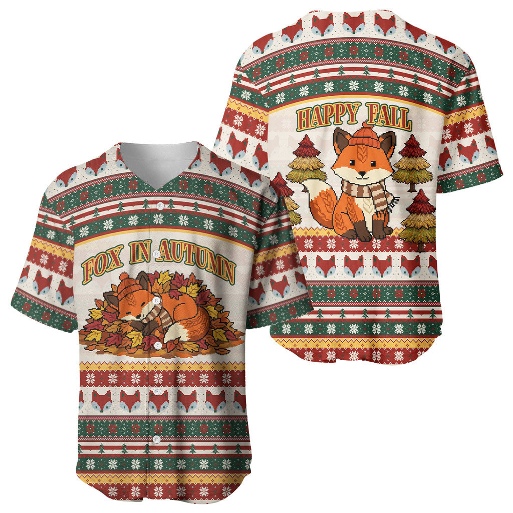 Cute Sleeping Fox Happy Fall Baseball Jersey Festive Red Green Knitted Pattern Sleeping Fox