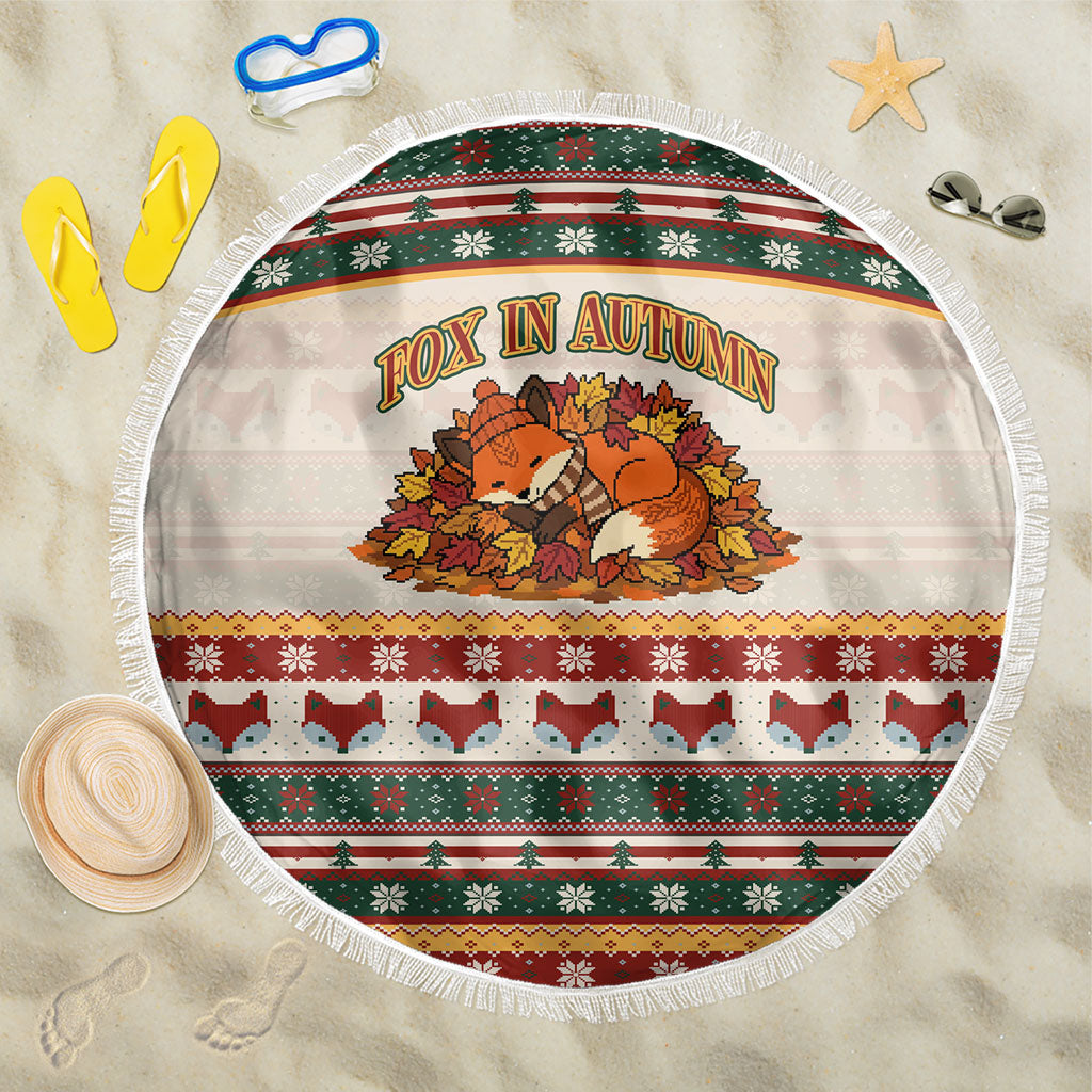 Cute Sleeping Fox Happy Fall Beach Blanket Festive Red Green Knitted Pattern Sleeping Fox