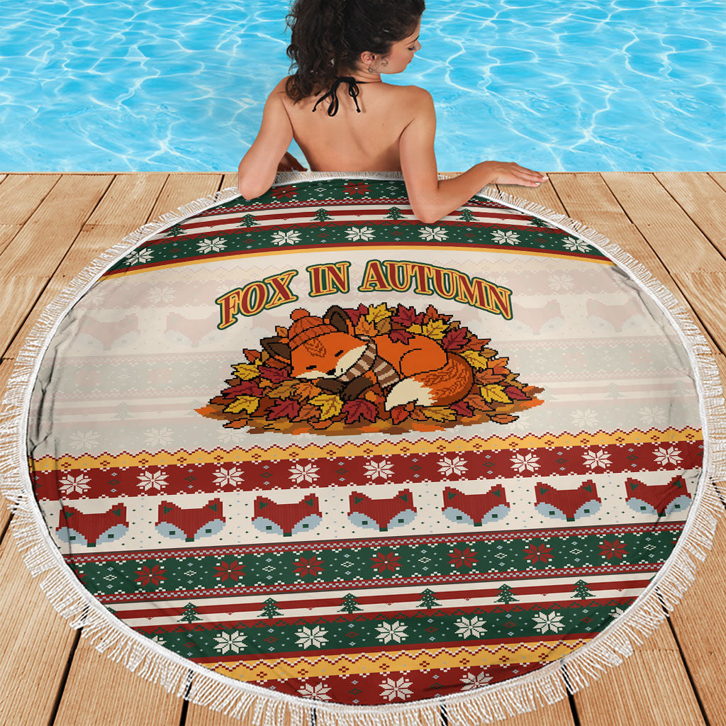 Cute Sleeping Fox Happy Fall Beach Blanket Festive Red Green Knitted Pattern Sleeping Fox