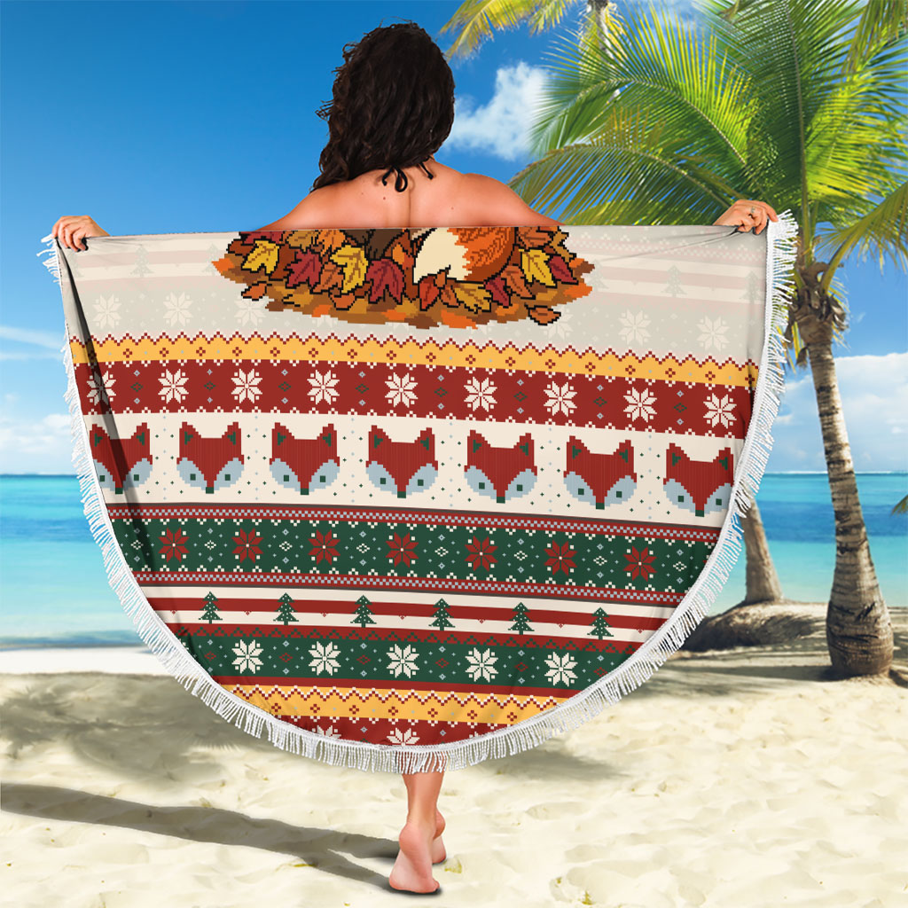 Cute Sleeping Fox Happy Fall Beach Blanket Festive Red Green Knitted Pattern Sleeping Fox