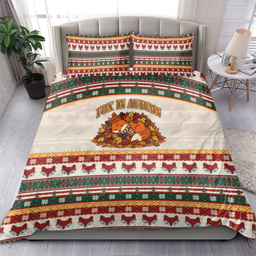 Cute Sleeping Fox Happy Fall Bedding Set Festive Red Green Knitted Pattern Sleeping Fox