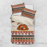 Cute Sleeping Fox Happy Fall Bedding Set Festive Red Green Knitted Pattern Sleeping Fox