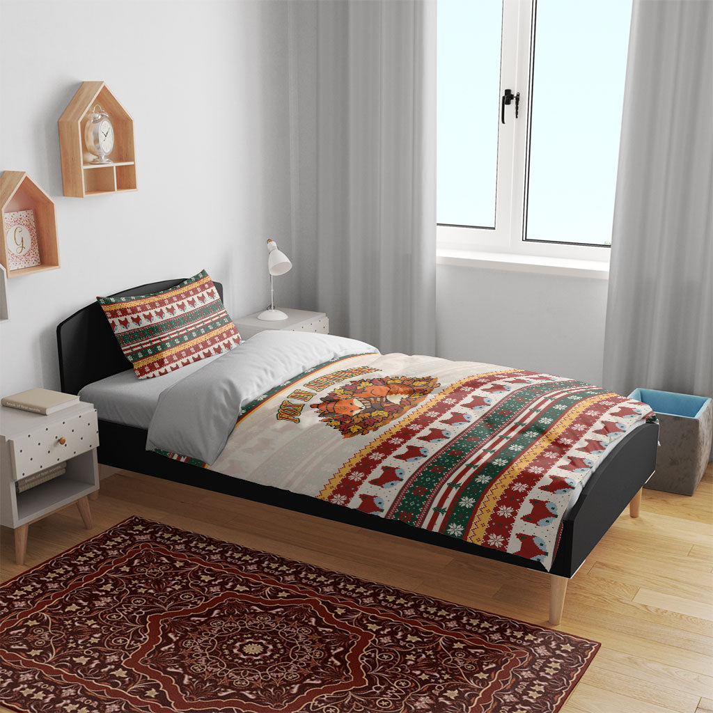 Cute Sleeping Fox Happy Fall Bedding Set Festive Red Green Knitted Pattern Sleeping Fox