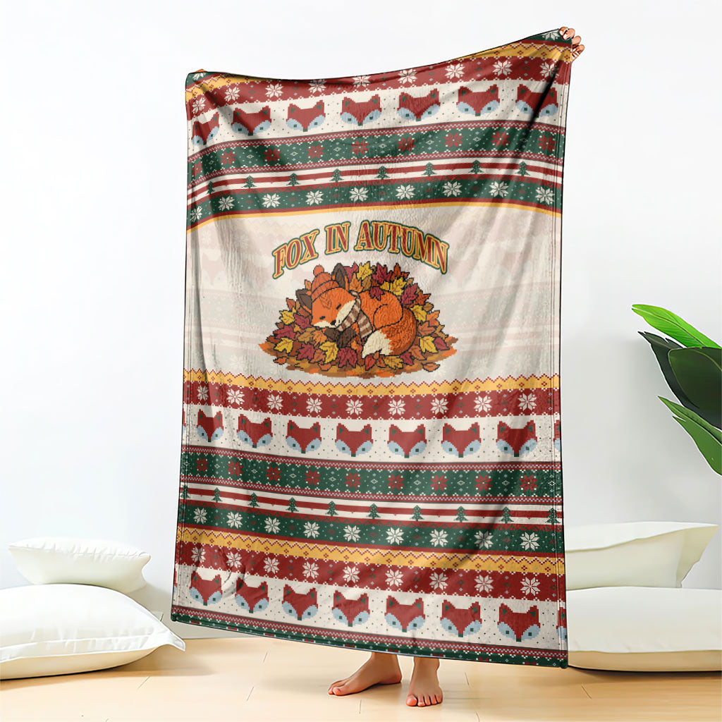 Cute Sleeping Fox Happy Fall Blanket Festive Red Green Knitted Pattern Sleeping Fox