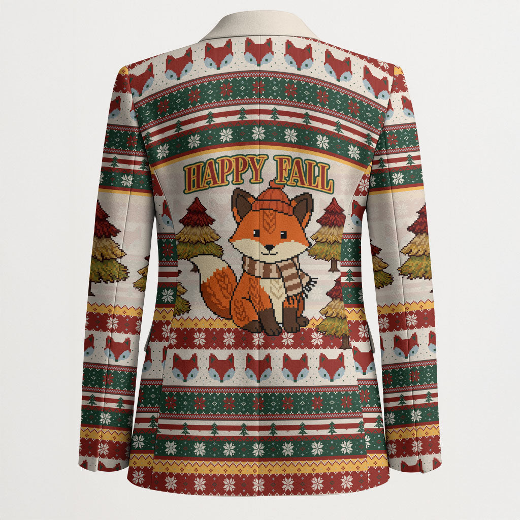 Cute Sleeping Fox Happy Fall Blazer Festive Red Green Knitted Pattern Sleeping Fox