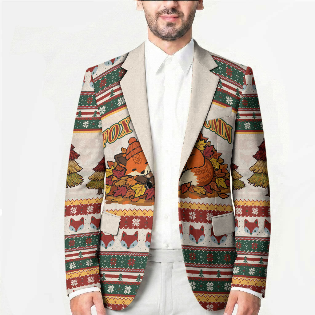 Cute Sleeping Fox Happy Fall Blazer Festive Red Green Knitted Pattern Sleeping Fox