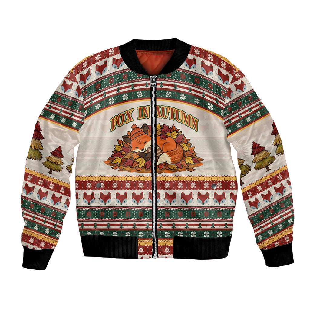 Cute Sleeping Fox Happy Fall Bomber Jacket Festive Red Green Knitted Pattern Sleeping Fox