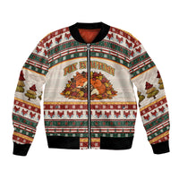 Cute Sleeping Fox Happy Fall Bomber Jacket Festive Red Green Knitted Pattern Sleeping Fox